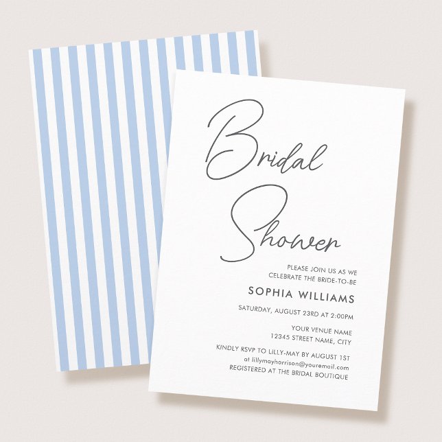 Chic Bridal Shower Modern Script Blue Stripes Einladung (Von Creator hochgeladen)