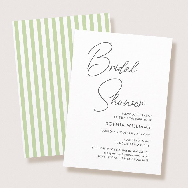 Chic Bridal Shower Modern Script Green Stripes Einladung (Von Creator hochgeladen)