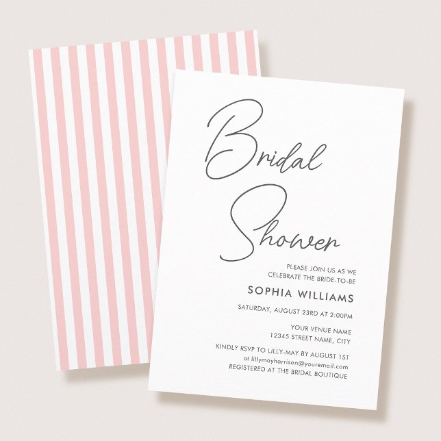 Chic Bridal Shower Modern Script Pink Stripes Einladung (Von Creator hochgeladen)