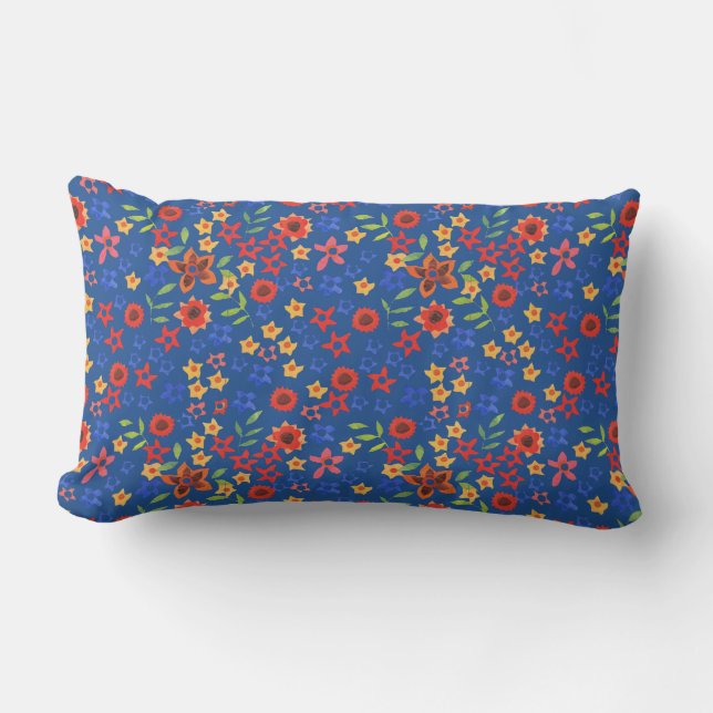Chic Bright Floral Miniprint auf Blue Lumbar Pillo Lendenkissen (Vorderseite)