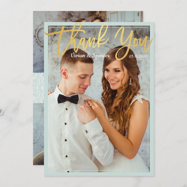 Chic Bright Mint Imitate Gold Script Foto Vielen D Dankeskarte (Vorne/Hinten)