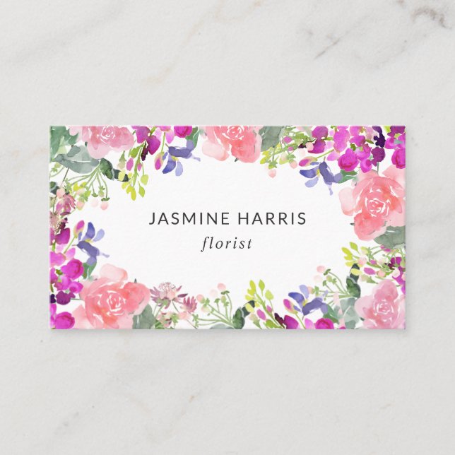 Chic Bright Watercolor Floral Business Card Visitenkarte (Vorderseite)