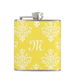 Chic Bright Yellow Damask und modisches Monogramm Flachmann