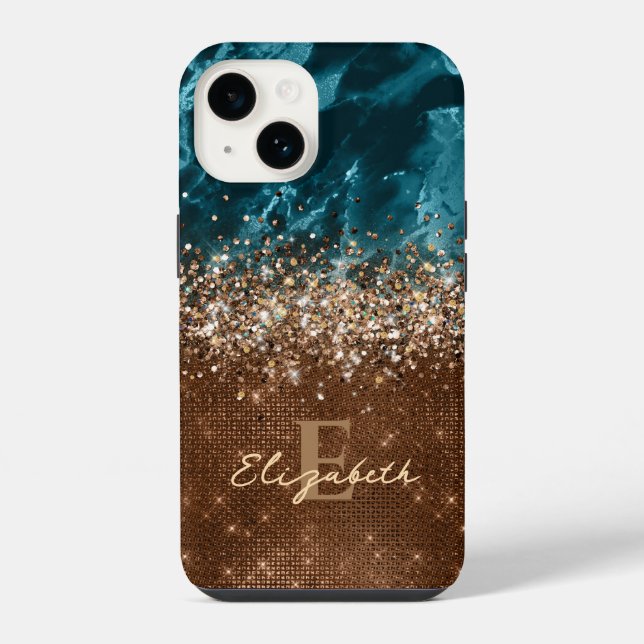 Chic Bronze Turquoise Glitzer Marmormonogramm iPhone Hülle (Rückseite)