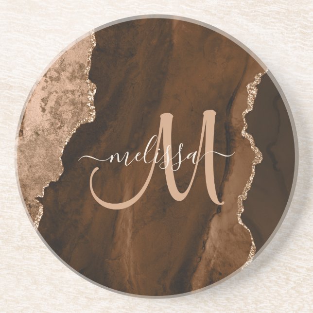 Chic Brown Blush Glitzer Agate Custom Monogram Getränkeuntersetzer (Vorne)