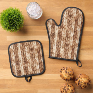 Chic Brown Cream Imitats Woven Stripes Ofenhandschuh & Topflappen-Set