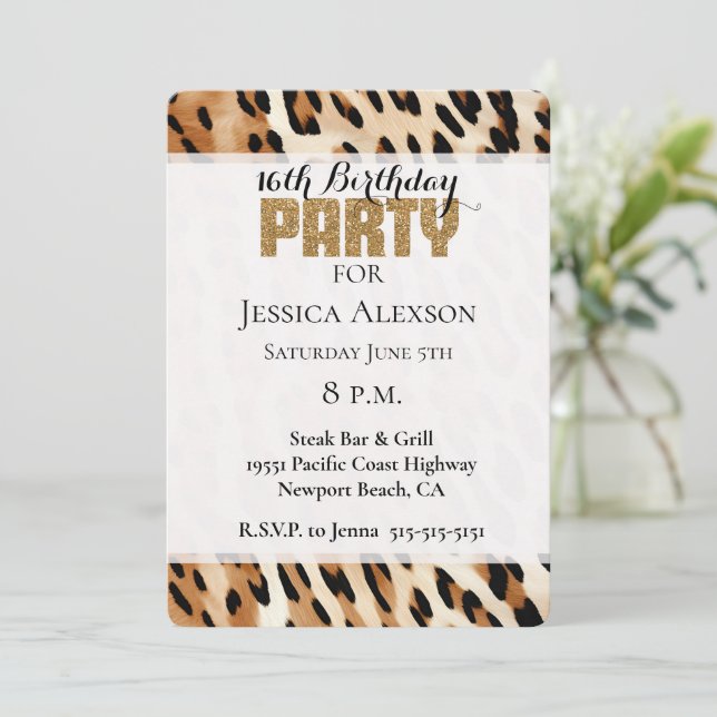 Chic Brown Cream Leopard Gold Glitzer Party Einladung (Stehend Vorderseite)