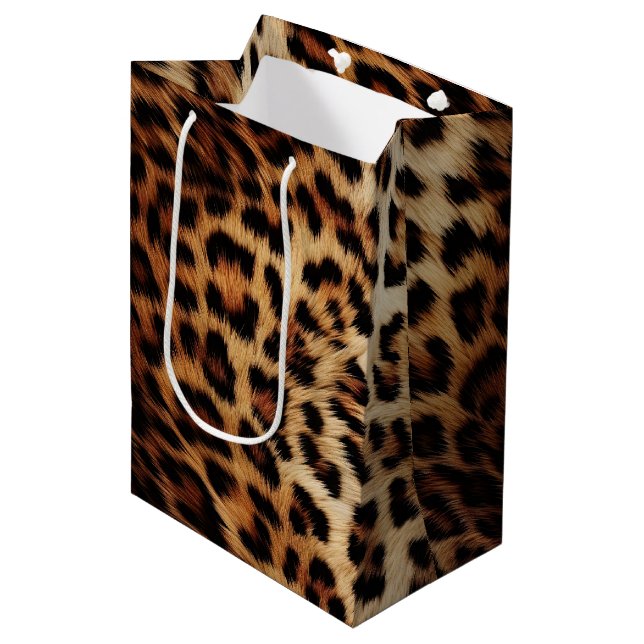 Chic Brown Cream Leopard Mittlere Geschenktüte (Vorderseite Schrägansicht)