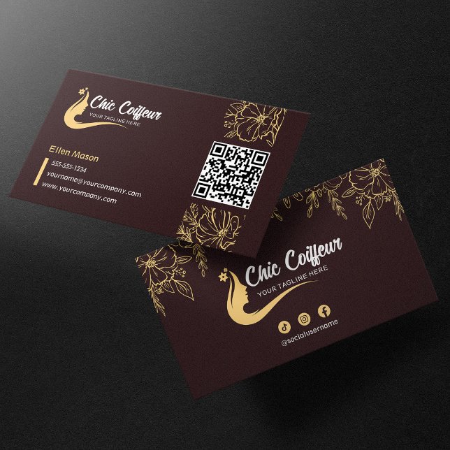 Chic Brown Gold Floral Haarstylist Beauty QR Code Visitenkarte (Von Creator hochgeladen)