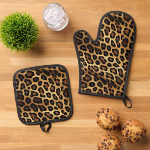 Chic Brown Gold Leopard Ofenhandschuh & Topflappen-Set