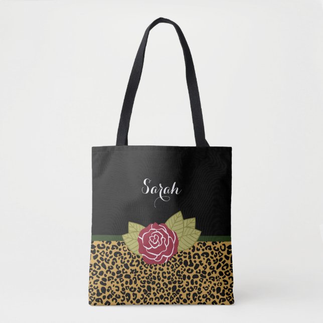 Chic Brown Gold Leopard Print Rote Rose mit Namen (Vorderseite)
