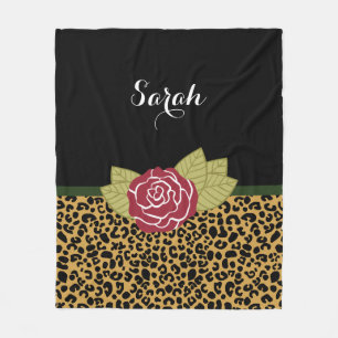 Chic Brown Gold Leopard Print Rote Rose mit Namen Fleecedecke