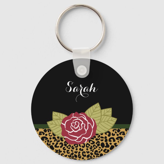 Chic Brown Gold Leopard Print Rote Rose mit Namen Schlüsselanhänger (Vorderseite)