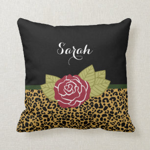 Chic-Brown-Goldleopard-Druck-Rote Rose mit Namen Kissen