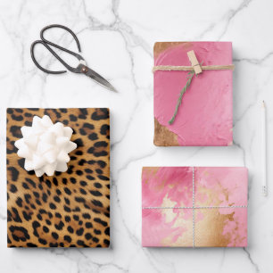 Chic Brown Leopard Print Pink Gold Geschenkpapier Set
