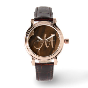 Chic Brown Rose Gold Glitzer Agate Custom Monogram Armbanduhr