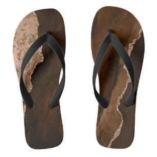 Chic Brown Rose Gold Glitzer Agate Custom Monogram Flip Flops