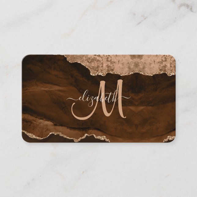 Chic Brown Rose Gold Glitzer Agate Custom Monogram Visitenkarte (Vorderseite)