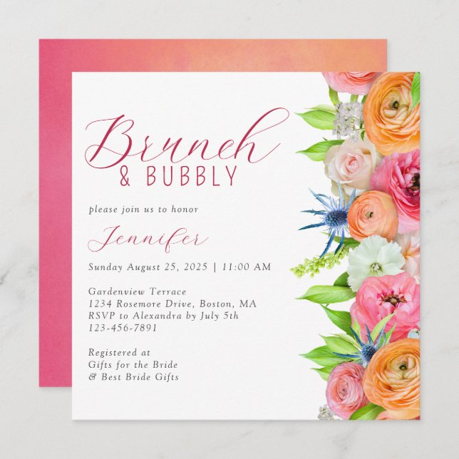 Chic Brunch und Bubbly Floral Brautparty Einladung (Vorne/Hinten)