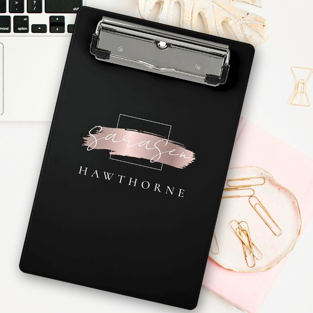 Chic Brush Stroke Black Imitats Rose Gold Monogram Mini Klemmbrett (Von Creator hochgeladen)