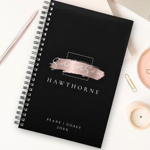 Chic Brush Stroke Black Imitats Rose Gold Monogram Planer
