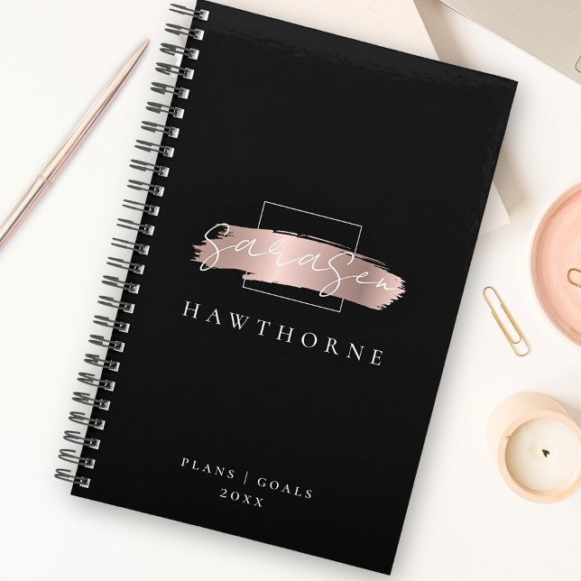 Chic Brush Stroke Black Imitats Rose Gold Monogram Planer (Von Creator hochgeladen)