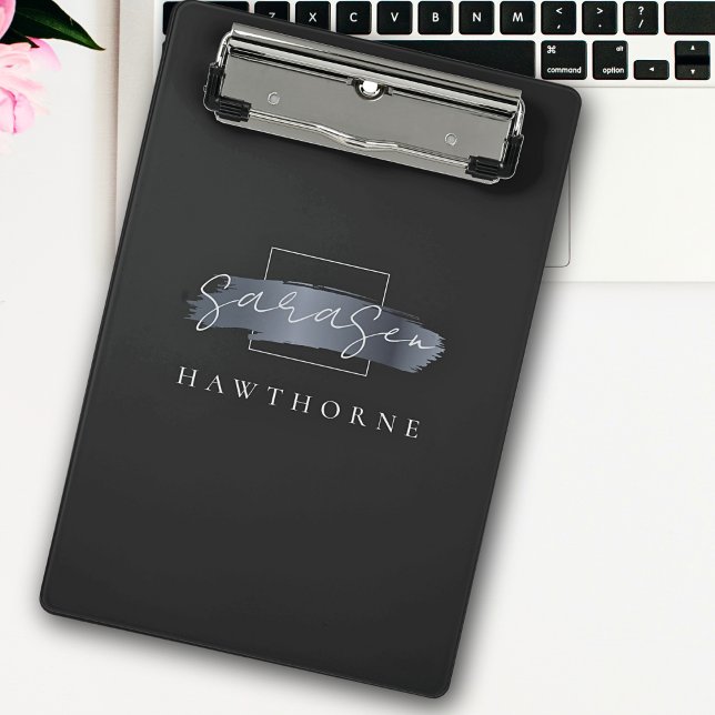 Chic Brush Stroke Black Imitats Silver Gray Monogr Mini Klemmbrett (Von Creator hochgeladen)