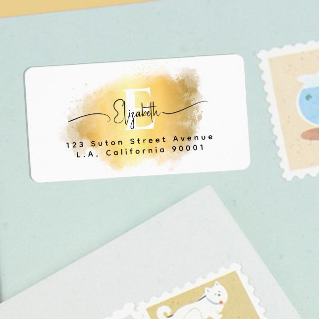 Chic Brush Stroke Gold White Monogram Black Script Adressaufkleber (Von Creator hochgeladen)