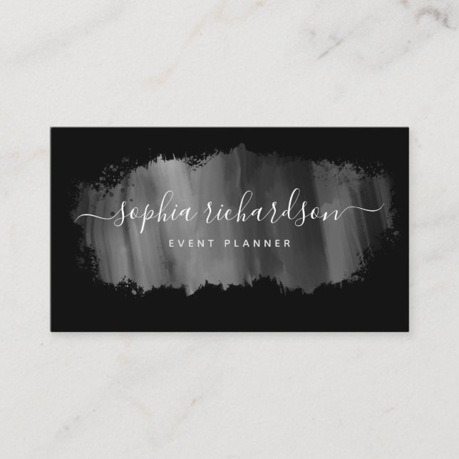 Chic Brush Stroke | Imitate Silver auf Black Visitenkarte (Vorderseite)