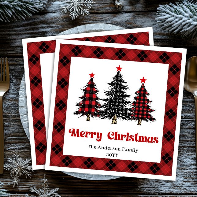 Chic Buffalo Plaid Tree Christmas Napkins Serviette (Chic Buffalo Plaid Tree Christmas Napkin)