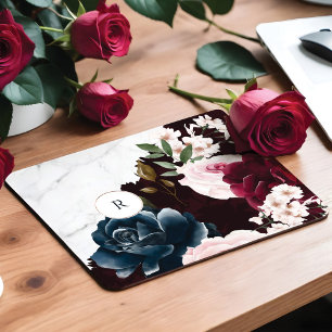 Chic Burgund & Marbour Floral Monogramm Mousepad
