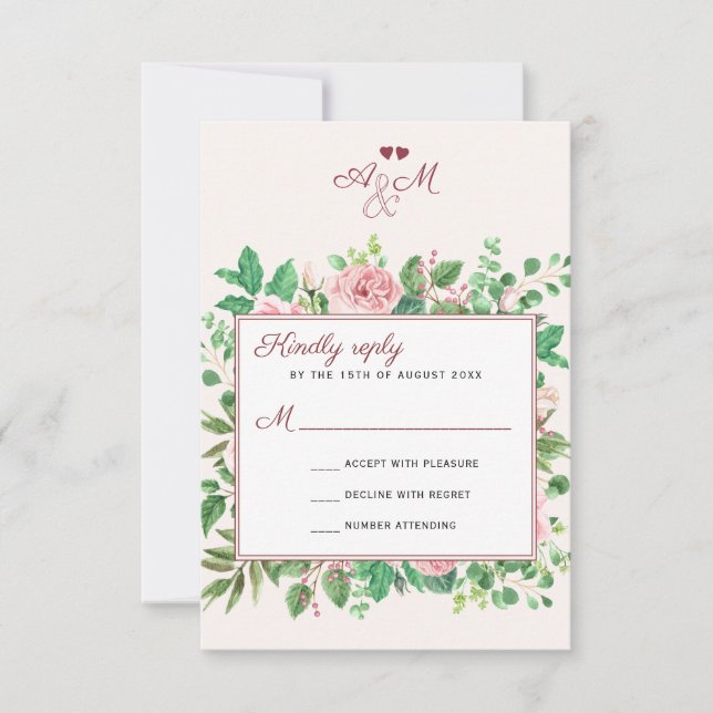 Chic Burgund und Blush Mit Monogramm Hochzeit RSVP Karte (Vorderseite)