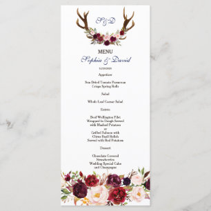 Chic Burgunder Marsala Florale Geweih Hochzeitsmen Menükarte