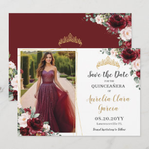 Chic Burgunder-Rot-Rosa-Blumen-Quinceanera-Foto Save The Date