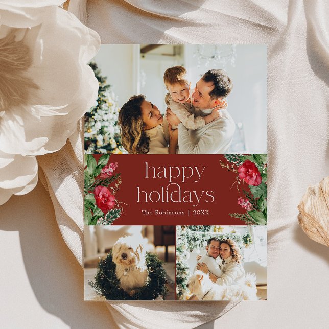 Chic Burgundy Aquarellgrün 3 Foto Feiertagskarte (Von Creator hochgeladen)