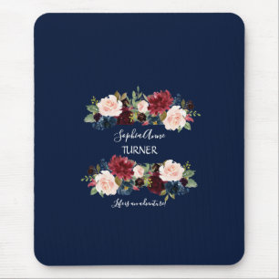 Chic Burgundy Blush Bloral Navy Blue Monogram Mousepad