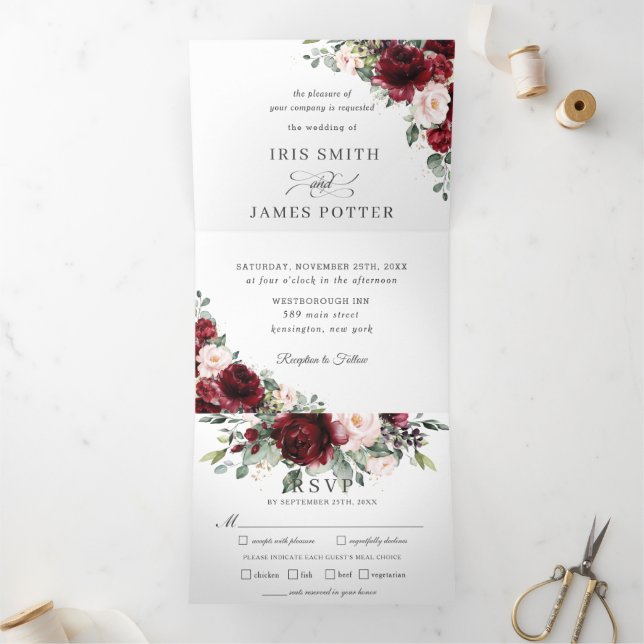 Chic Burgundy Blush Blumengrün Hochzeit RSVP Dreifach Gefaltete Einladung (Innenseite)