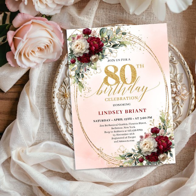 Chic Burgundy Blush Floral 80th Birthday Invites Einladung (Chic Burgundy Blush Floral 80th Birthday Invitation)
