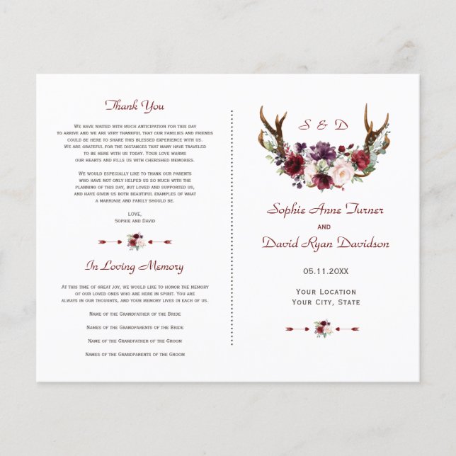 Chic Burgundy Blush Floral Antlers Wedding Program Flyer (Vorne)
