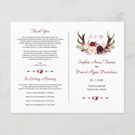 Chic Burgundy Blush Floral Antlers Wedding Program Flyer