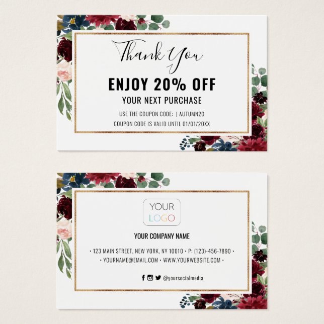 Chic Burgundy Blush Floral Discount Coupon Card (Vorne & Hinten)