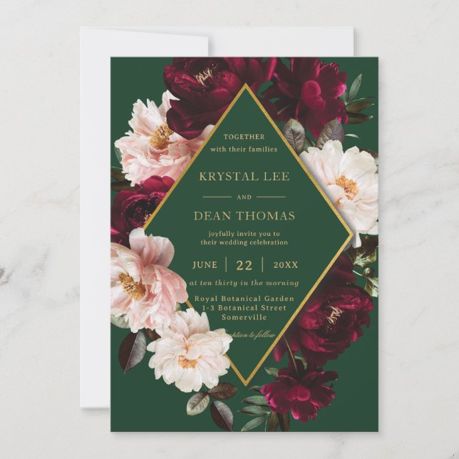 Chic Burgundy Blush Floral Peonies Emerald Wedding Einladung (Vorderseite)