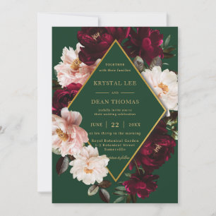 Chic Burgundy Blush Floral Peonies Emerald Wedding Einladung