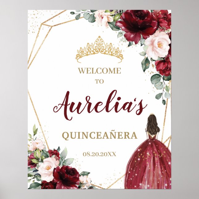 Chic Burgundy Blush Floral Quinceañera Willkommen Poster (Vorne)