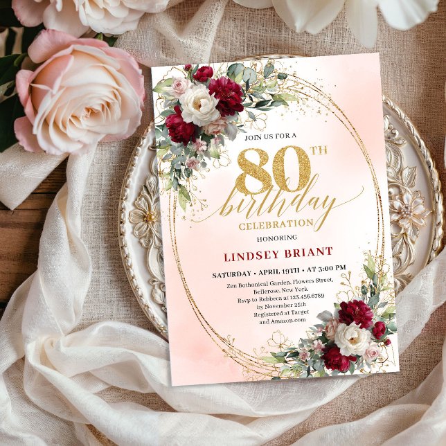 Chic Burgundy Blush Flowers 80th Birthday Invite Einladung (Chic Burgundy Blush Flowers 80th Birthday Invite)