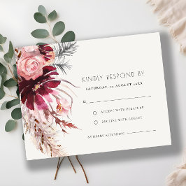 Chic Burgundy Blush Pampas Grass Wedding RSVP Karte
