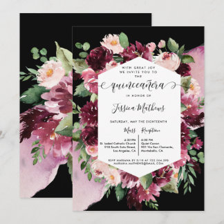 Chic Burgundy Blush Pink Black Quinceanera Bloral Einladung