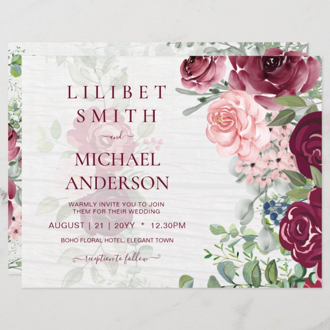 Chic Burgundy Blush Pink Blumengrün Hochzeit (Vorne/Hinten)