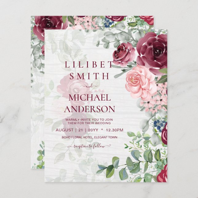 Chic Burgundy Blush Pink Blumengrün Hochzeit (Vorne/Hinten)