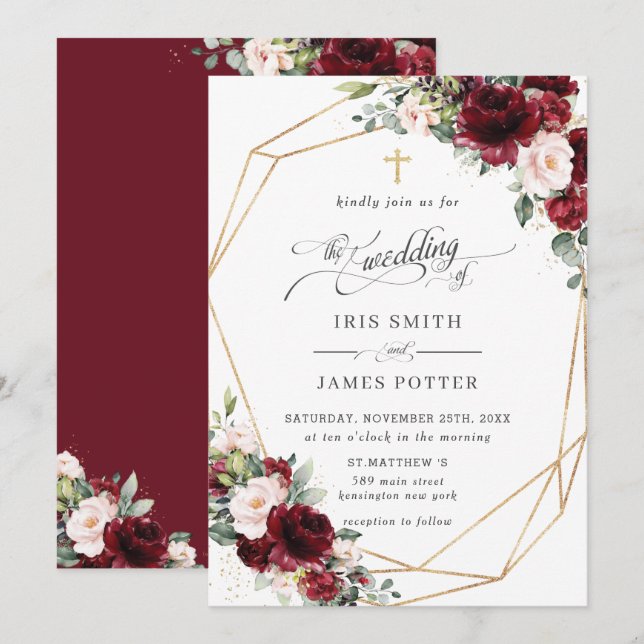 Chic Burgundy Blush Pink Floral Church Wedding   Einladung (Vorne/Hinten)